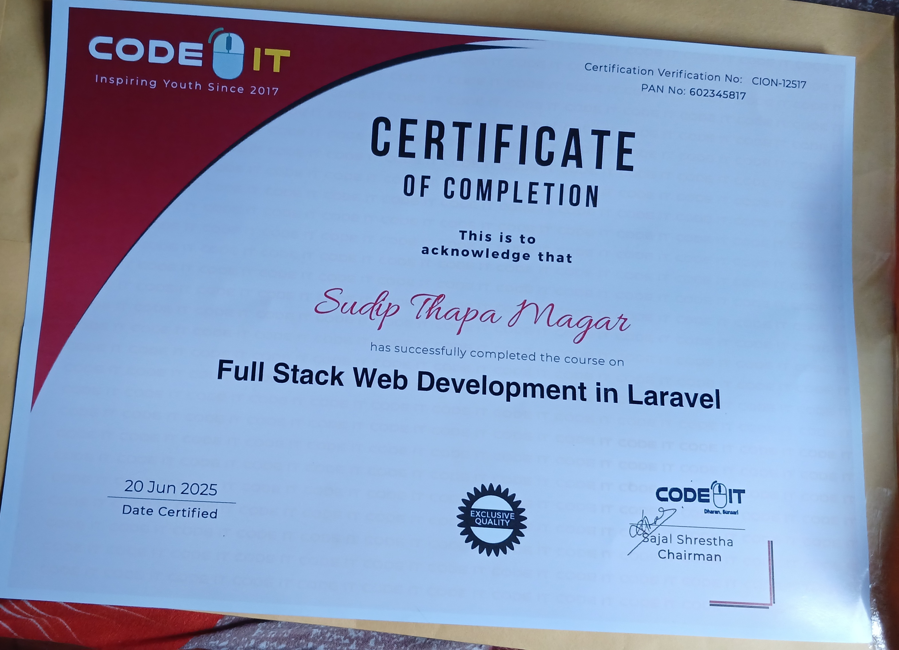 Full Stack Web Development in laravel Certificate